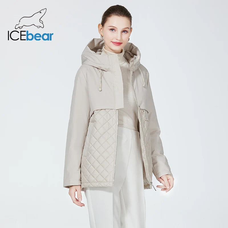 ICEbear 2023 New Women Casual Short Jackets Hooded Windproof Female Spring Autumn Parka Long Sleeve Thin Padded Coat GWC3570I