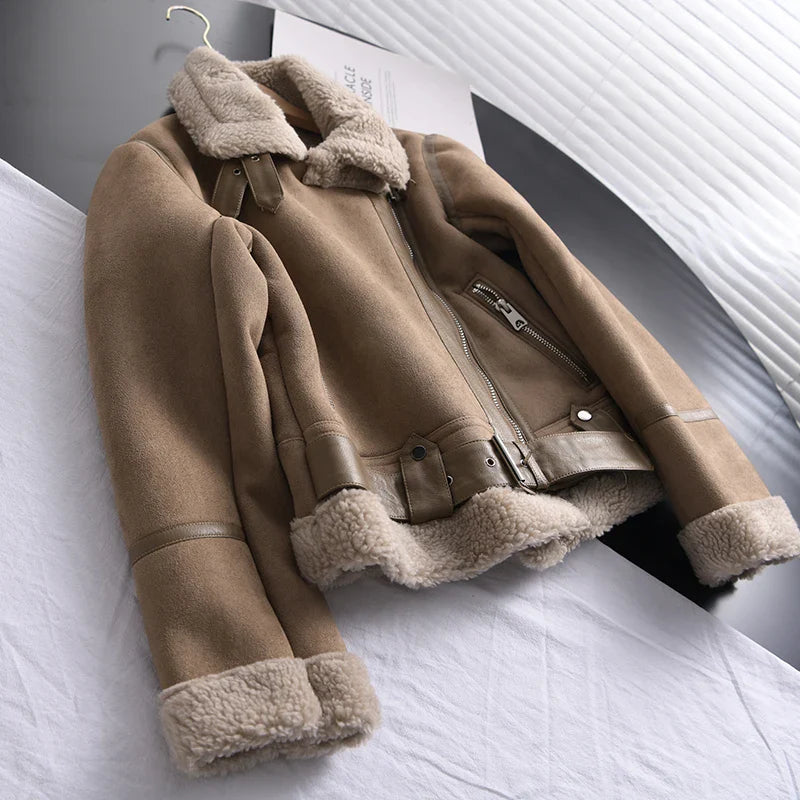 Winter Women Faux Shearling Sheepskin Leather Jackets Outwear Thick Parka Warm Suede Lamb Fur Jacket Short Motorcycle Biker Coat