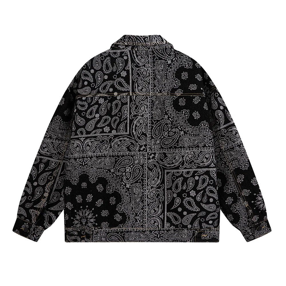 Men Paisley Bandana Print Denim Jacket Streetwear Pattern Jacquard Weave Coat Fashion Loose Long Sleeve Outerwear Black Blue