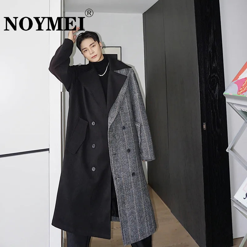 NOYMEI Autumn Winter Patchwork Korean Style Men's Trench Belt Decoration Lapel Windbreaker Trendy Woolen Coat WA2590