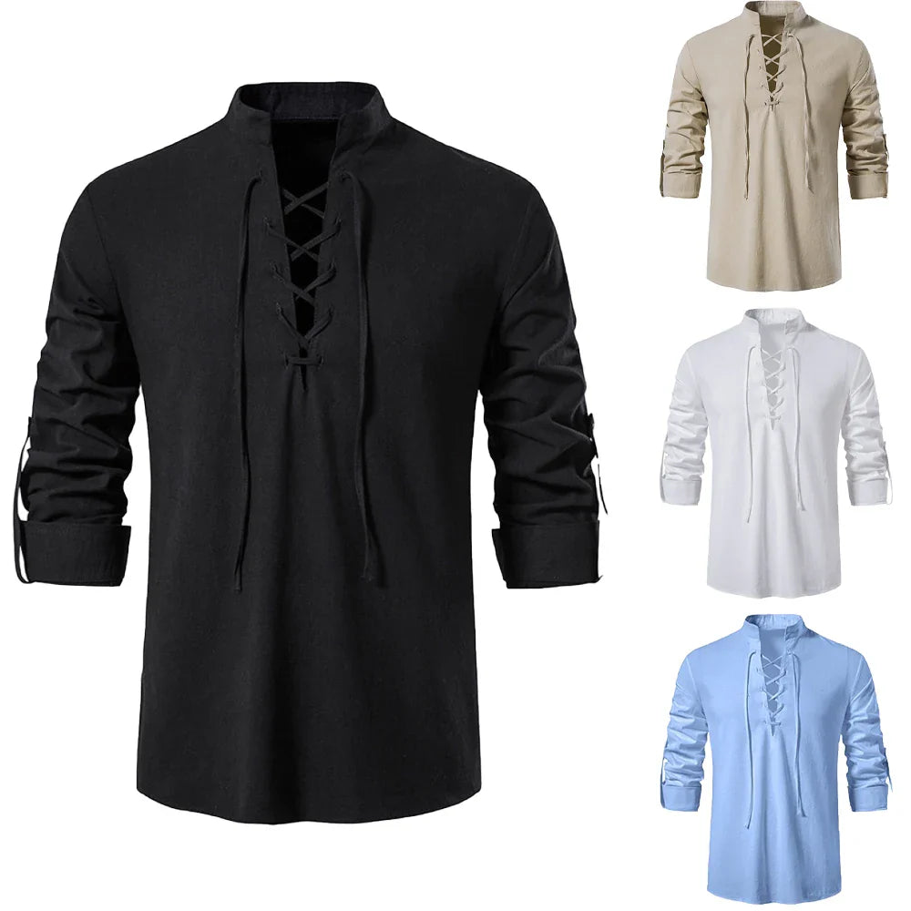 Spring Summer Men's Shirts Cotton Linen Long Sleeved Henley Shirt V Neck Casual Lace Up Tops Male Breathable Thin Bloluses