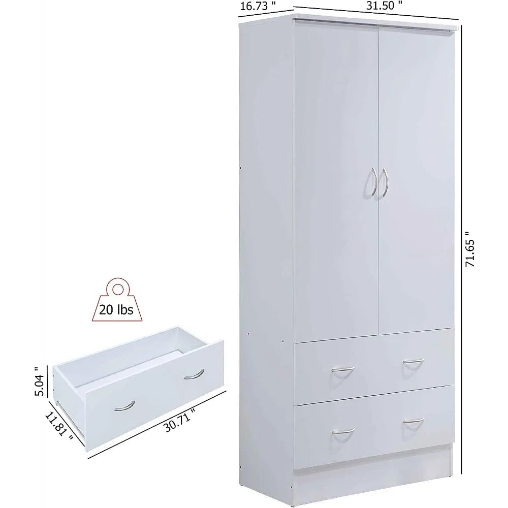 wooden wardrobe bedroom closet, Cabinet equipped with clothes drying rod and 2 storage drawers, White wardrobe