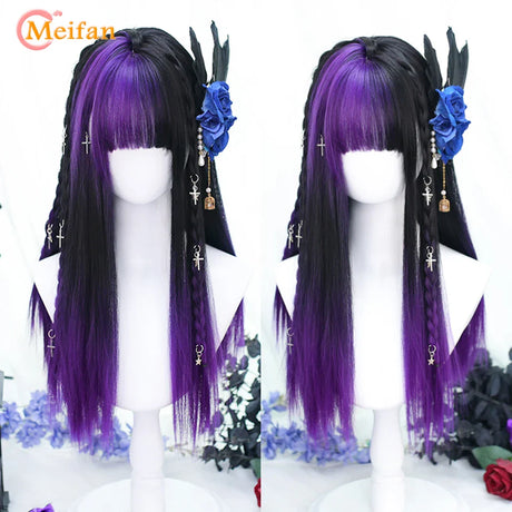 MEIFAN Synthetic Long Straight Lolita Wig with Bangs Wig Girl Cute Mixed Black Red Blonde Cosplay Party Halloween Harajuku Wig