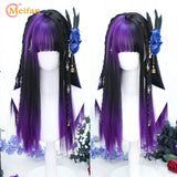 MEIFAN Long Lolita Ombre Harajuku Wig With Bang Red Blue Wave Curly Cosplay Wig Heat Resistant Synthetic Jellyfish Head Wigs