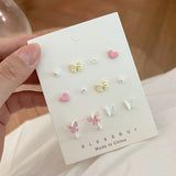 12Pcs 925 Silver Needle Stud Earrings for Women Girls Butterfly Pearl Wave Dots Sweet Simple Colorful Accessories Jewelry Gift