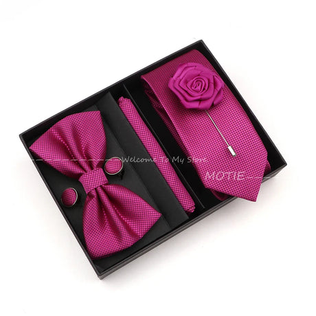 Solid Color Slim Plaid Ties Set With Box Purple Pink Bowties Handkerchiefs Brooches Cufflinks For Wedding Suit Accessories Gifts