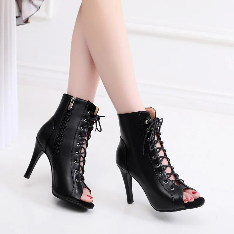 New High Top Latin Dance Shoes Women Street Salsa Tango Dance Boots Open Toes Strap Net Ballroom Sex Dance Shoes High Heels