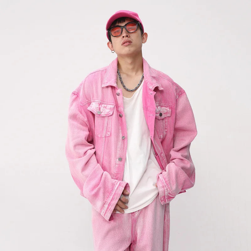 NOYMEI Pink Two Pieces Set Fashionable Long Sleeve Pocket Coat+Straight Wide Leg Casual Pants Men Denim Trendy Suit WA1595