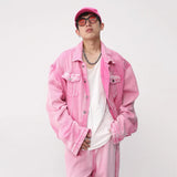 NOYMEI Pink Two Pieces Set Fashionable Long Sleeve Pocket Coat+Straight Wide Leg Casual Pants Men Denim Trendy Suit WA1595