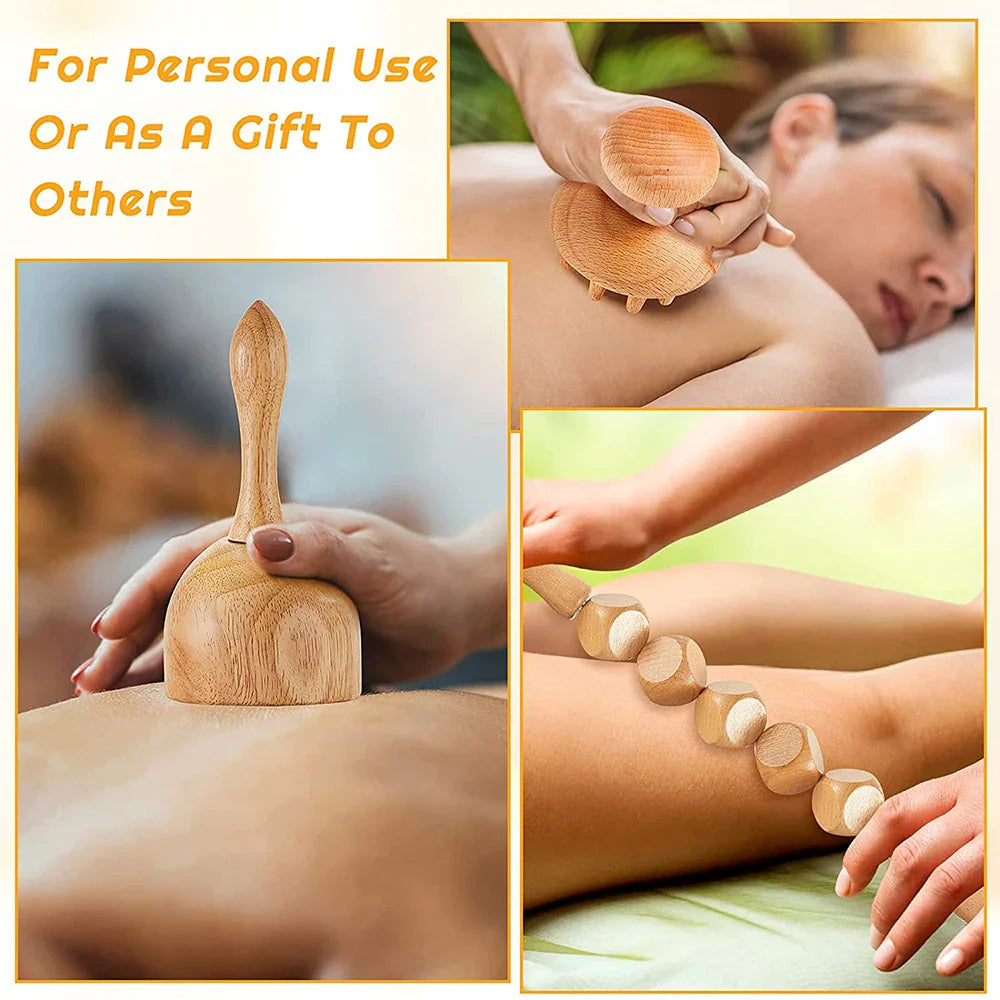 6 In 1 Wood Therapy Massage Tool Lymphatic Drainage Massager Anti Cellulite Fascia Massage Roller for Full Body Muscle relaxatio