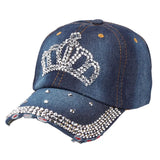 Women Bling Tiara Distressed Denim Baseball Cap Rhinestones Embellished Washed Retro Style Adjustable Hat