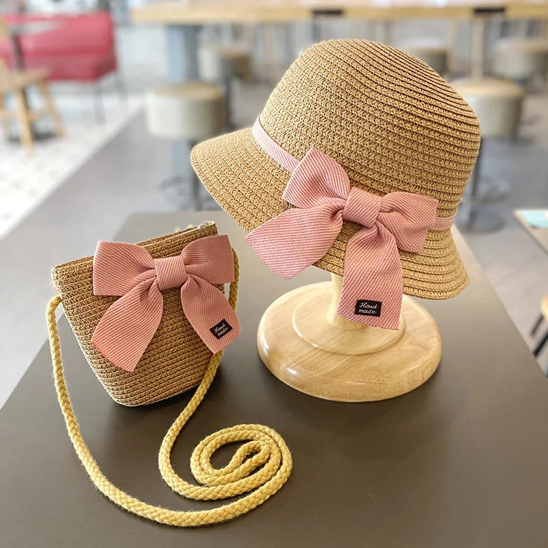 2-8 year old children's sun hat summer new straw bag hat set baby travel sunscreen beach hat sun Bucket hat children's straw hat