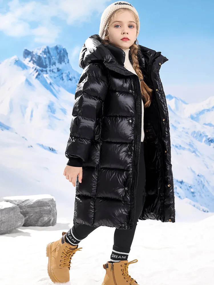 Girls Boys Down Jacket Long Ultra Thick Parkas Black Child Hooded Warm Coats Winter Clothes For Baby Padded Snowsuit XMP548