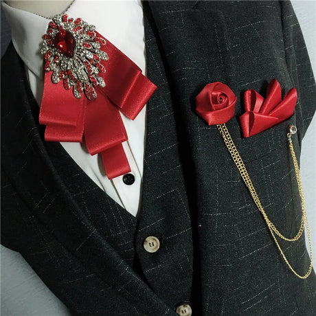 Men's Bow Tie Corsage Pocket Towel Sets British Korean Dress Suit Jewelry Luxury Rhinestones Men Wedding Accessories 3 Piece Set