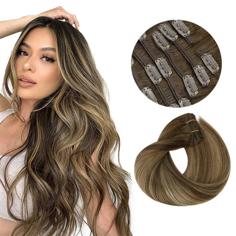 Clip In Human Hair Extensions Straight Natural Light Brown Honey Ombre Balayage Black Hair Pieces For Women Clip-in Full Head