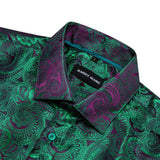 Luxury Silk Shirts for Men Green Paisley Long Sleeved Embroidered Tops Formal Casual Regular Slim Fit Blouses Anti Wrinkle 615