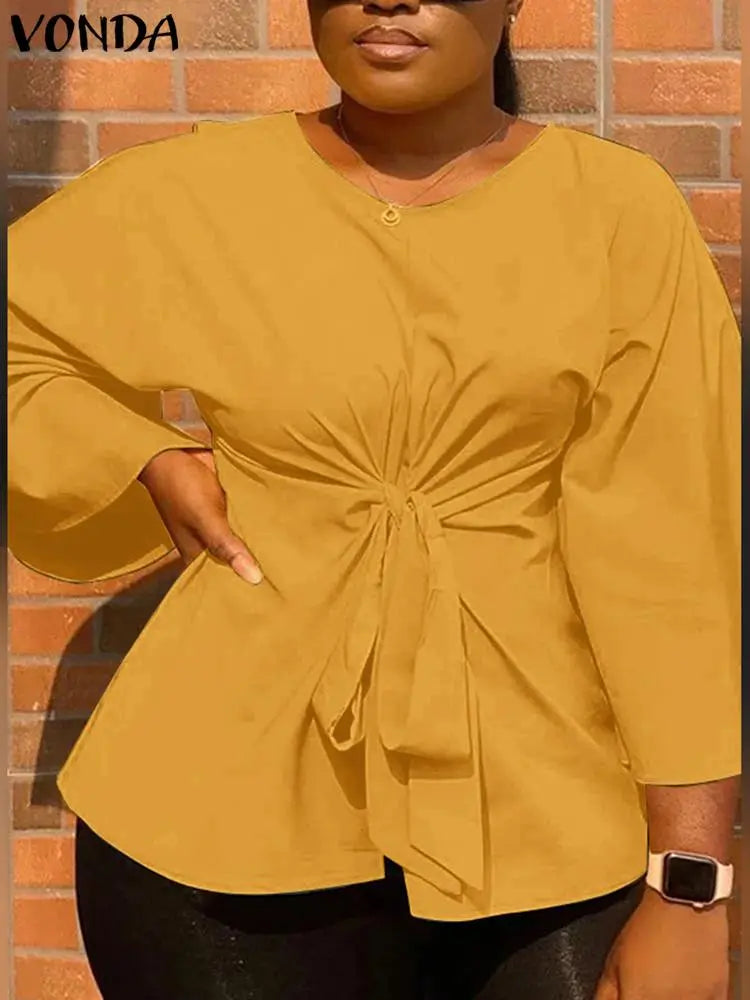 Plus Size VONDA Women Fashion Blouse 3/4 Sleeve Waist Pleated Bandage Tunic Tops Summer Shirt 2023 Elegant Casual Solid Blusas