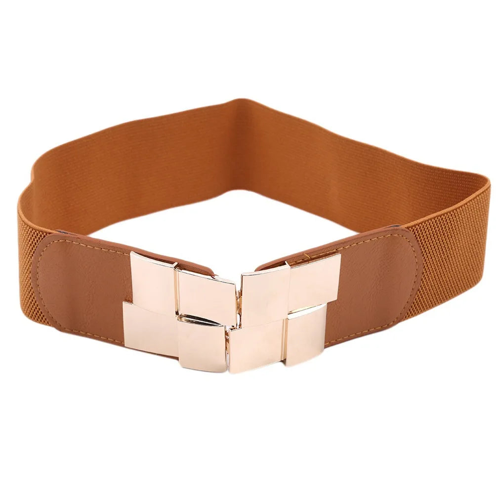 New Women Elastic Waist Closure Wide Belt Gold Square Buckle Dress Decorative Belt Female Self - Cultivation Elastic Band Girdle