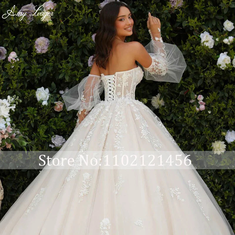 AmyLvager Charming Sweetheart Lace Up Ball Gown Wedding Dress 2024 Gorgeous Appliques Long Sleeve Princess Bridal Gown Customize