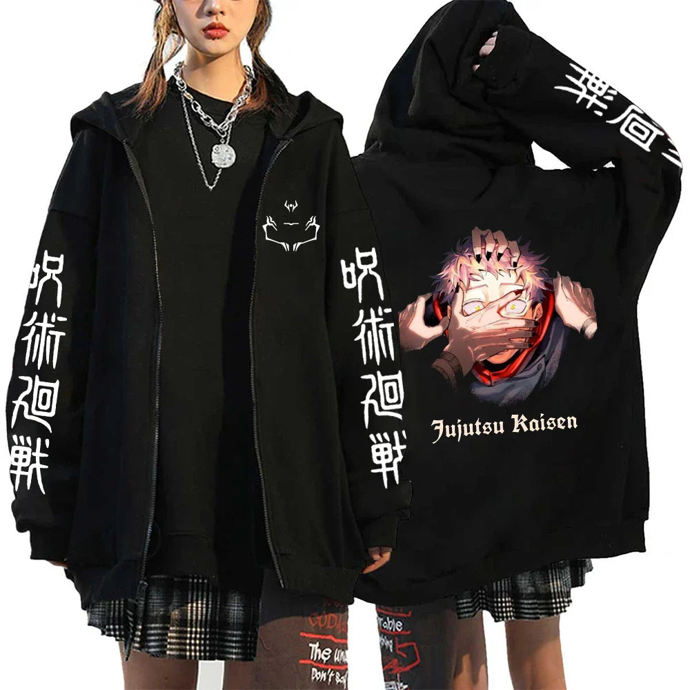 Women Men Anime Zip Hoodies Jujutsu Kaisen Plus Size Zipper Jackets Gojo Satoru Printed Sweatshirt Y2k Harajuku Unisex Hooded