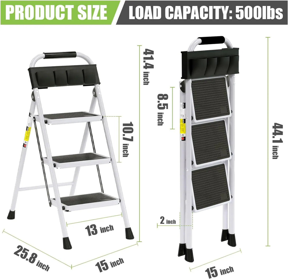 3 Step Ladder EFFIELER Folding Step Stool with Wide Anti-Slip Pedal, 500 lbs Sturdy Steel Ladder, Convenient Handgrip