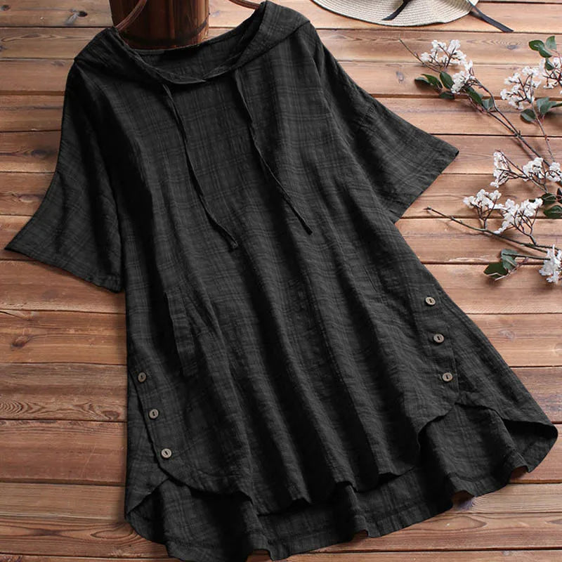 150Kg Plus Size Bust 153cm Women's Summer Hooded V-Neck Short Sleeve Loose Plaid T-Shirt 6XL 7XL 8XL 9XL 7 Colors