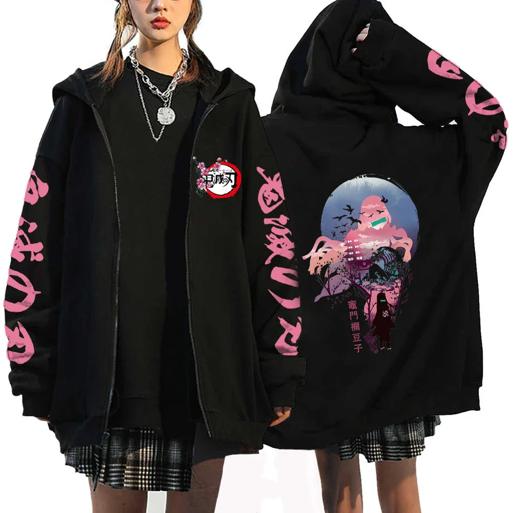 Demon Slayer Japan Anime Women Hoodies Kamado Nezuko Plus Size Autumn Zipper Jackets Pullover Hooded Girl Zip Up Sweatshirt