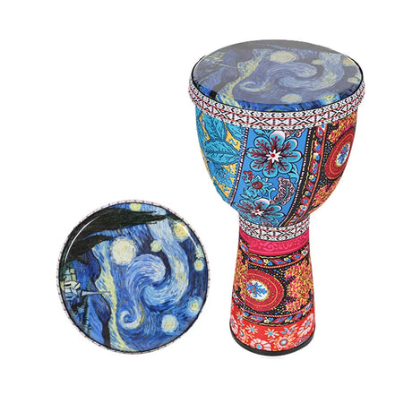 Portable 8 Inch African Hand Drum Djembe Drum Percussion Instrument with Colorful Art Pattern for Children Light Tambourine Gift