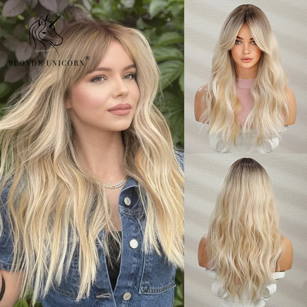 Blonde Unicorn Ombre Brown Blonde Synthetic Wig Long Wavy Wigs with Bangs Daily Cosplay Party Use Heat Resistant Fiber for Women