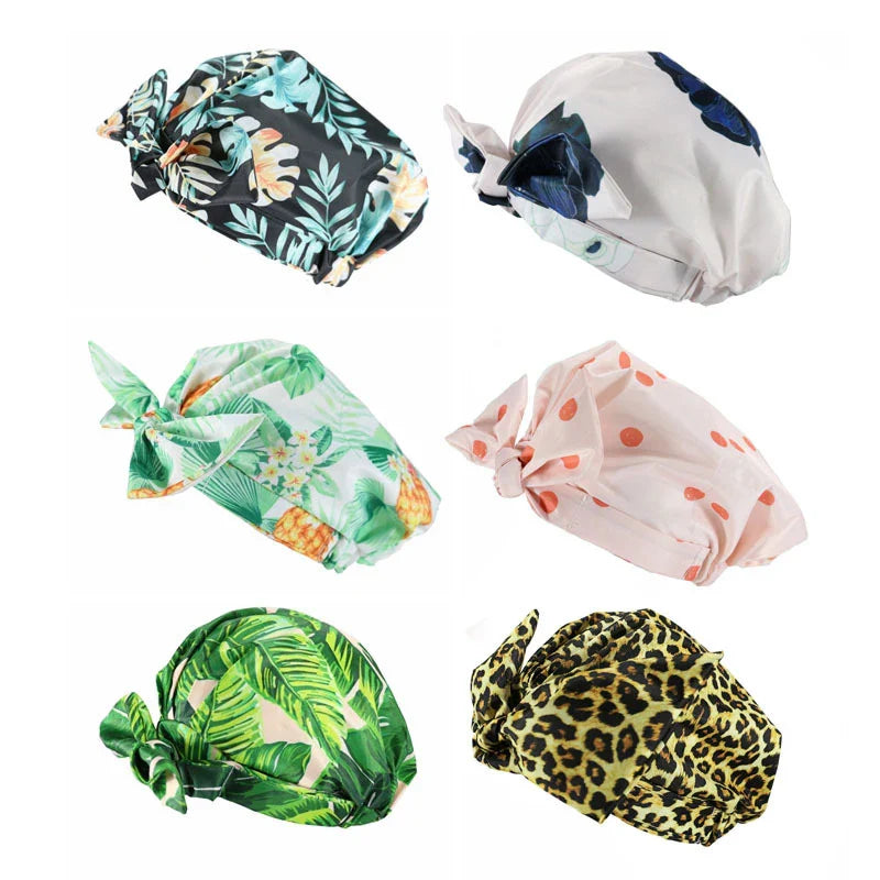 Waterproof Leopard Print Cap Elastic Bow Nightcap Women Satin Hair Bonnet Silk Sleeping Cap Bathroom Shower Accessories Supplies