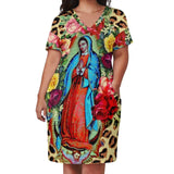 Virgin Mary Catholic Dress Short Sleeve Our Lady of Guadalupe Street Style Dresses Holiday Kawaii Casual Dress Plus Size Clothes