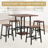 5 Piece Bar Table & Chair Set, Industrial Countertop Height Bar Table with 4 Stools, Kitchen Table Set with Shelves