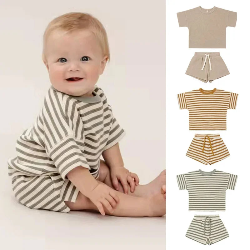 0-2Yrs Summer Striped Clothes For Newborn Baby Causal Cotton Short Sleeve  T-Shirts Shorts 2Pcs Summer Unisex Baby Clothing