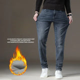 2023 Winter New Men's Warm Baggy Fleece Jeans Long Pants Business Fashion Thicken Trousers Stretch Brand Denim Recreation