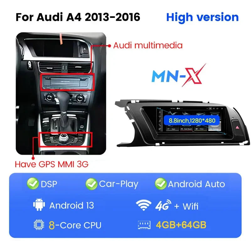 Android 13 CarPlay Auto Radio Intelligent System for Audi A4 B8 A5 2009 2010 - 2016 Car Multimedia Player Stereo GPS Navi Screen