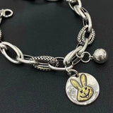 100% Solid 925 Sterling Silver Hiphop Thick Round Gold Rabbit for Women Men Vintage Handmade Hasp Bracelet Birthday Gift S-B451