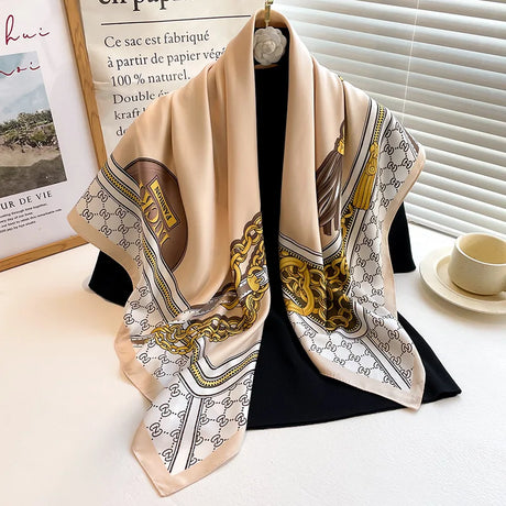 Luxury Women 90x90CM New Twill Silk Big Square Scarf Shawl Fashion Printed Design Summer High Quality Ladies Sunscreen Scarves