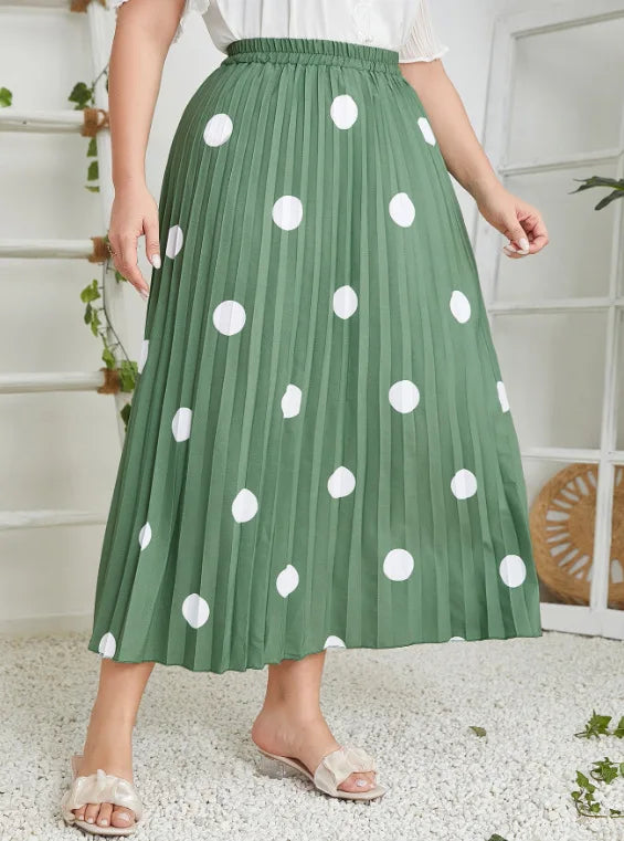 Plus Size Spring Midi Polka Dot Print Skirt Women Ruffle Pleated Loose Modis Office Ladies Skirts Elastic High Waist Woman Skirt