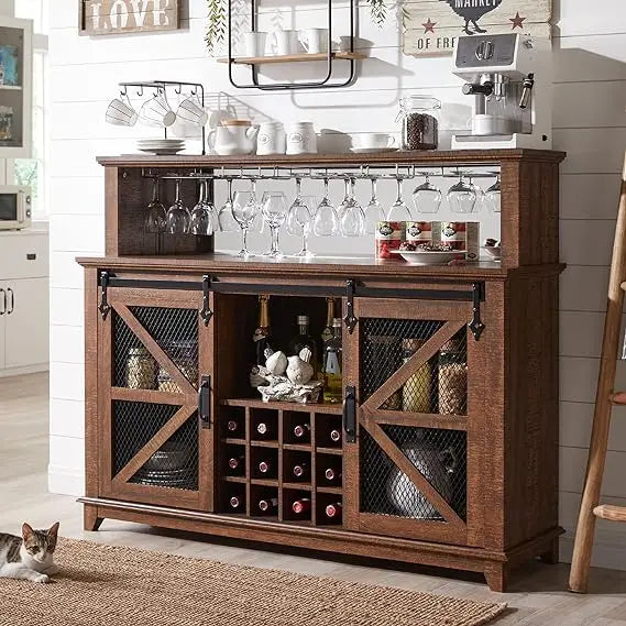 OKD Farmhouse Coffee Bar Cabinet with LED Lights, 55" Sideboard Buffet Table W/Sliding Barn Door & Wine and Glass Rack