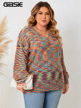 GIBSIE Plus Size Lantern Sleeve V Neck rainbow Sweater Women 2023 Autumn Winter Fashion Loose Sweet Ladies Knit Pullover Jumper