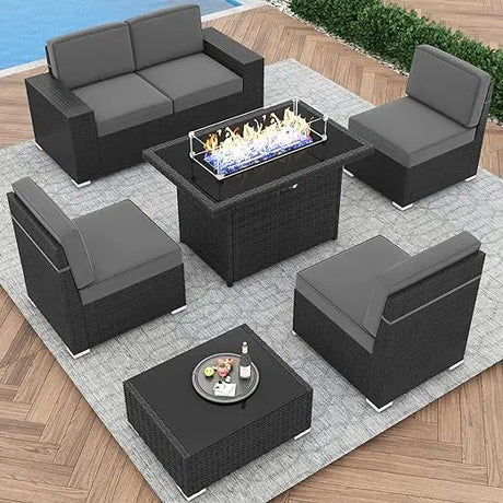 7/8 Pieces Outdoor Patio Furniture Set with  Fire Pit Table Rattan Sectional Sofa Conversation Sets Moden Set for Garden