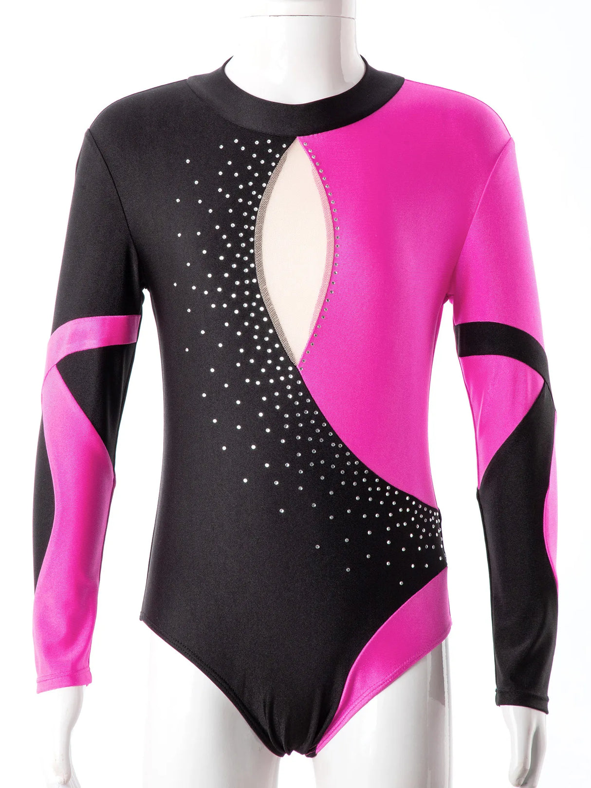 Kids Girls Ballet Gymnastic Leotard Skating Performance Costume Long Sleeve Backless Shiny Rhinestones Bodysuit with Shorts