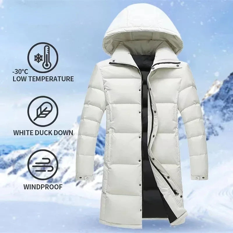 Long Down Jacket Men Hooded Down Coat Winter Warm Thick Puffer Jacket White Duck Down Parkas Outdoor Outerwear Windproof Coat