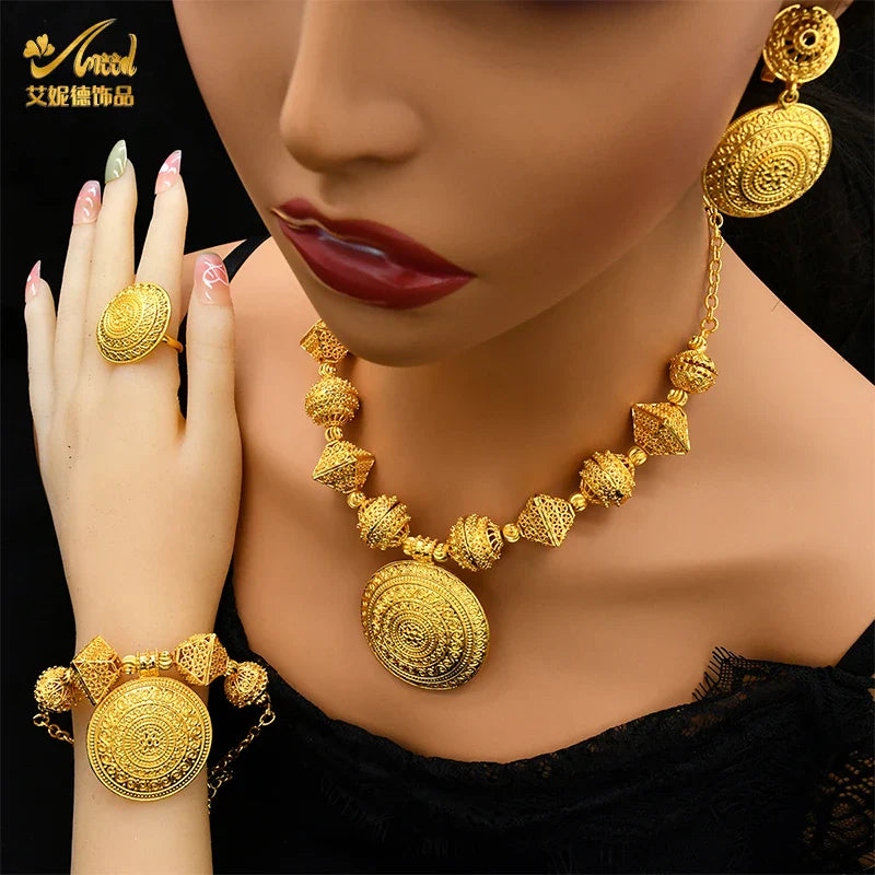 ANIID Africa Luxury Round Ball Jewelry Sets For Lady Bridal Party 24k Gold Color Necklace Set Indian Nigerian Wedding Gifts New