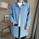 Mid-length Denim Windbreaker Jacket Men Spring Autumn Casual Trench Coat Korean Fashion Solid Wild Loose Male Trendy Outerwear