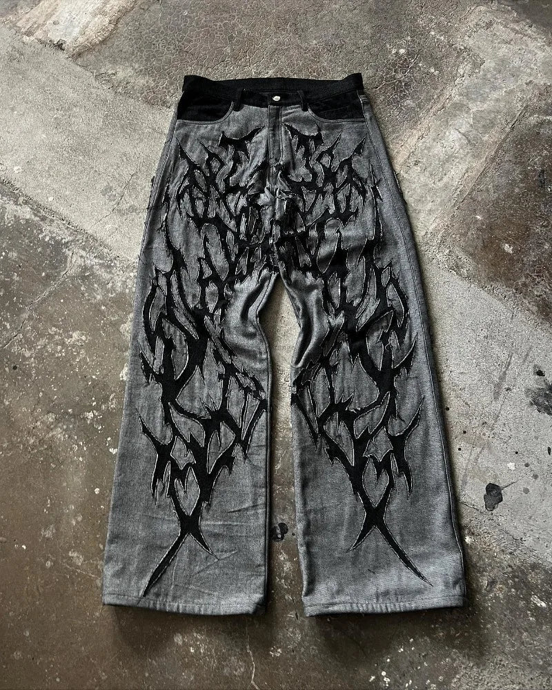 European and American Fashionable High-waisted Trousers Raw Edge Washed Jeans Men Street Loose Oversized Straight Wide-leg Pants