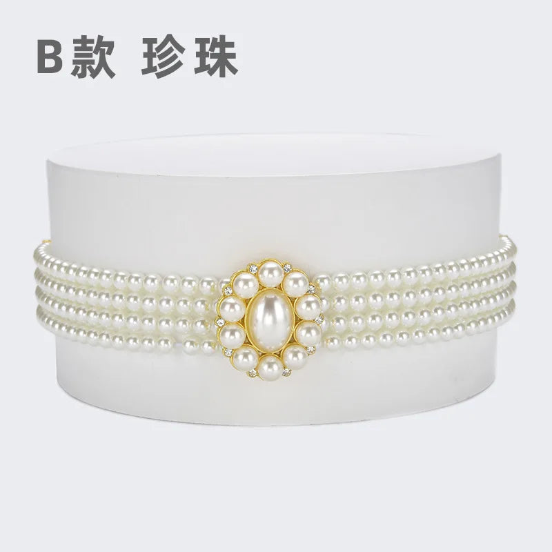 New Ladies Pearl Waist Chain Rhinestone Pearl Decorative Belt Fashion Sweet Dress Elastic Elastic Belt Women’s Designer Belts