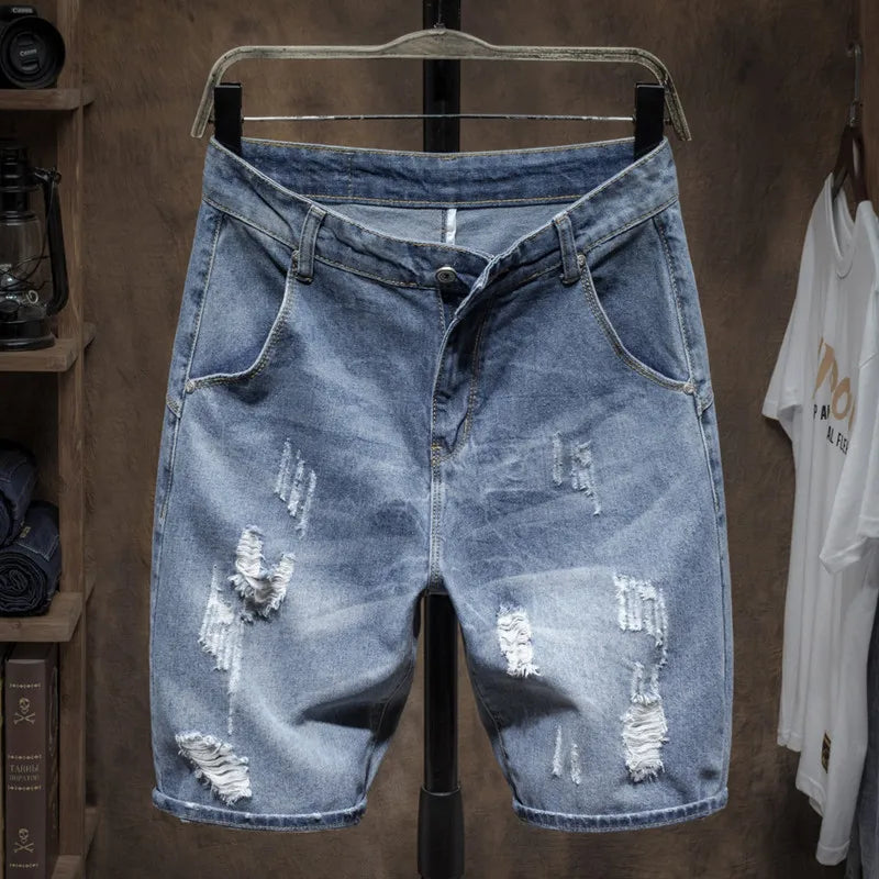 Summer 2022 Light Blue Ripped Cat Whisker Patch Letter Print Slim Denim Shorts Teenagers Jeans Boys and Girls Cowboy Short Pants