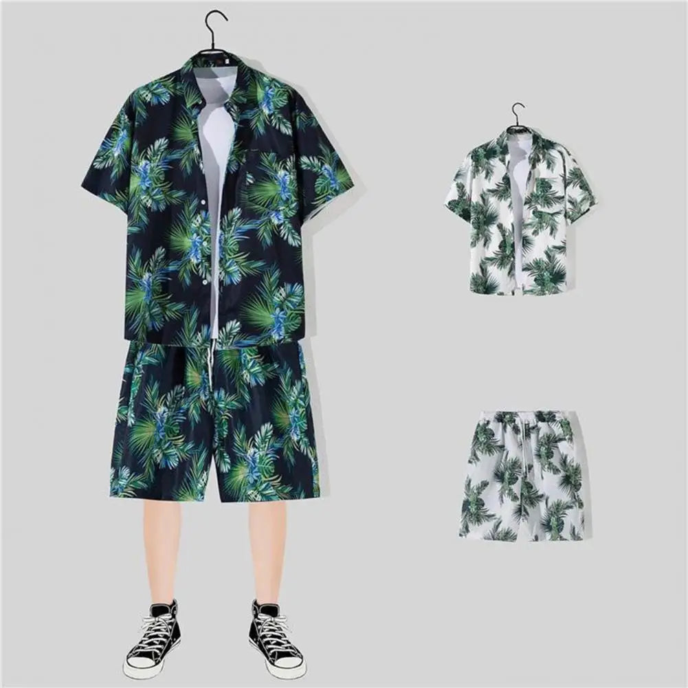 2Pcs/Set Lapel Short Sleeve Single Breasted Drawstring Pockets Men Tracksuit Coconut Tree Print Shirt Loose Shorts Sport Suit St