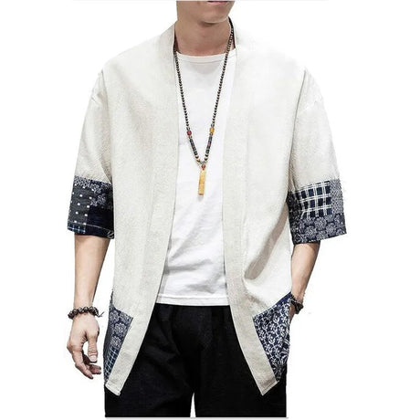 Men's Japanese Kimono Cardigan Loose Cotton Linen 3/4 Sleeve Open Front Casual Summer Shirt Jackets